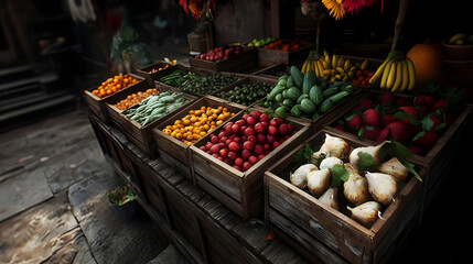 Colorful market stall overflowing with fresh produce in wooden crates.  Rows of vibrant fruits and vegetables displayed invitingly
