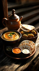 Mediterranean cuisine spread, featuring hummus, falafel, pita bread, and dips.  Warm, inviting display