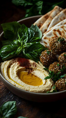 Hummus, falafel, and pita bread platter. Fresh basil, a creamy hummus,  crispy falafel,  and toasted pita