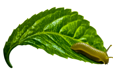 Green snail resting on a vibrant green leaf in natural setting