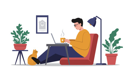 Man working remotely from home on a laptop with a cat and plants, enjoying a warm beverage