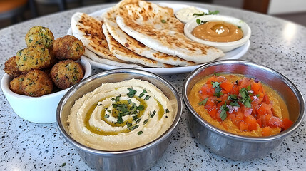 Mediterranean platter with hummus, baba ghanoush, pita bread, and falafel