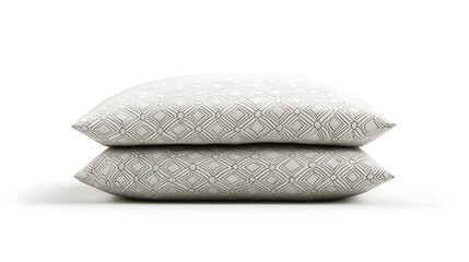 Two light taupe decorative pillows stacked, featuring a repeating diamond pattern.  The pillows are rectangular and lie flat against a white background