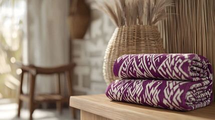 Rolled, patterned bath towels resting on a wooden surface,  in a spa-like setting.  Light-filled room with  natural elements