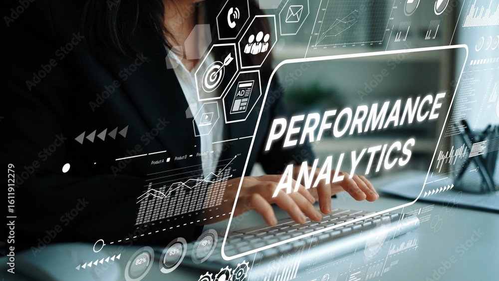Poster businesswoman utilizing digital performance analytics for data-driven decision-making in modern offi
