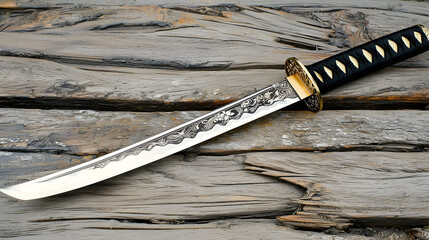 A katana, with a long, polished blade, intricate engraved patterns, and a black wooden handle, rests on a weathered wooden surface