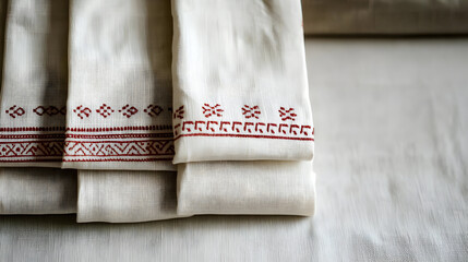 Stacked cream-colored fabrics with red embroidered patterns.  Close-up view of folded textiles with decorative borders