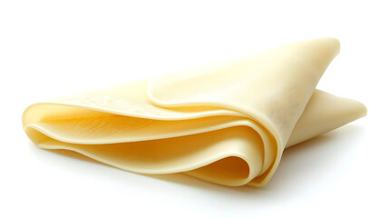 Sliced cheese, light beige color, folded, isolated on white background.  The cheese slices are layered and curved