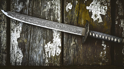 Long, ornate sword on weathered wooden planks. Intricate carvings adorn the blade, a dark wooden handle with decorative accents