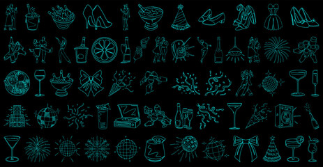 Celebrate life with stunning line art featuring party hats, champagne, confetti, and dancing couples perfect for invitations and event promotions