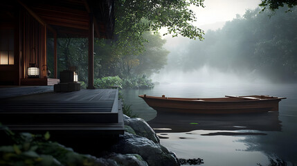 Tranquil wooden house by a misty lake.  Wooden deck leads to a serene body of water.  A small boat rests gently. Lush green forest surrounds the tranquil scene
