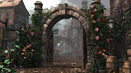 Stone archway leads to a misty village street, adorned with flowers and vines.  Stone buildings line the narrow street