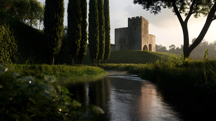 Misty morning landscape, tranquil river, ancient stone castle, tall cypress trees.  Green foliage, peaceful scene