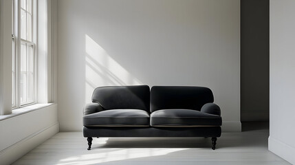 Dark gray velvet loveseat in a bright, sunlit room.  Spacious, minimalist living room with large window and hardwood floor.  Soft light casts shadows on the wall