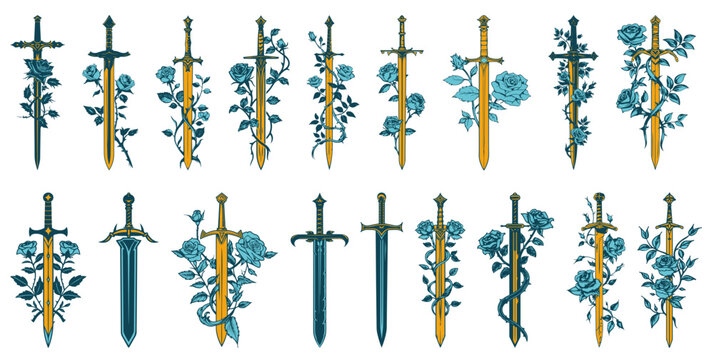 Elegant swords intertwined with roses design, perfect for tattoo art or fantasy illustration projects, showcasing strength, beauty, and edgy style