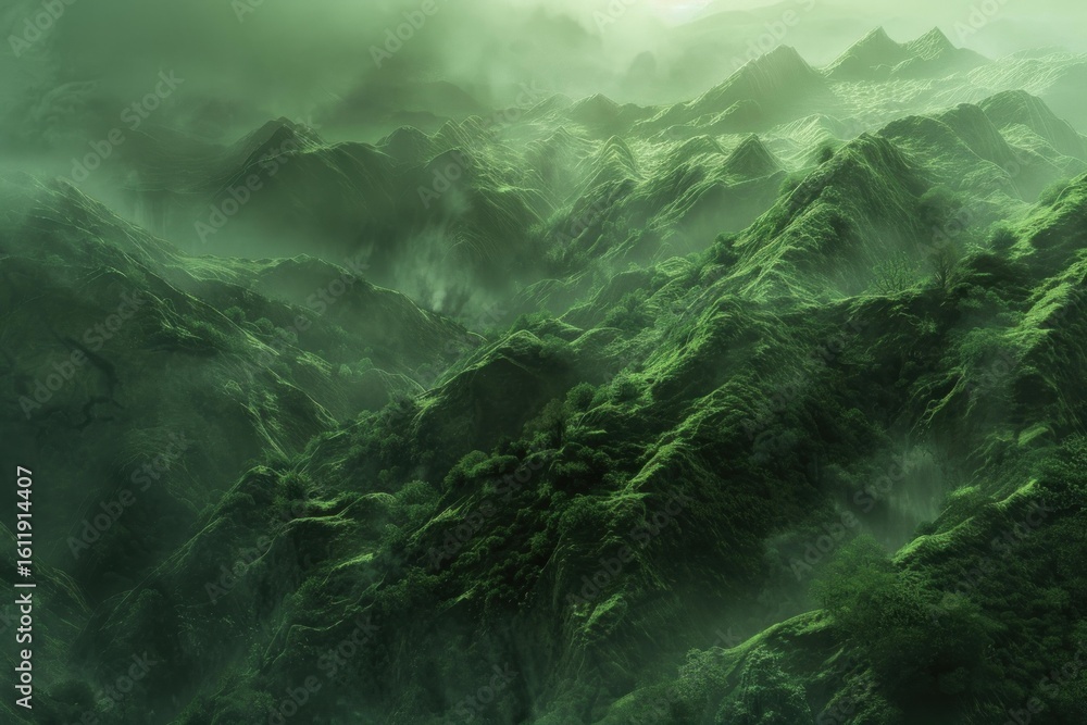 Poster aerial view of fog flowing over a green mountain range, creating a mystical and serene atmosphere