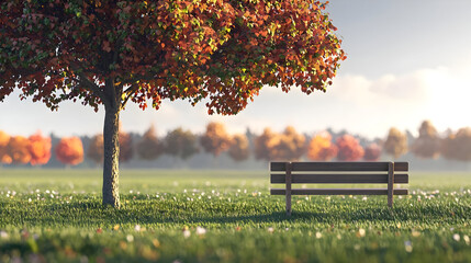 Autumn park scene with a bench under a colorful tree. Lush green grass, fall foliage, and a tranquil atmosphere