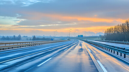 Wet highway at sunrise, with a two-lane road extending into the distance.  Soft, pastel colors of the dawn sky, and a misty horizon.  Road markings visible on the asphalt