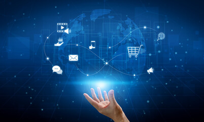 Omnichannel marketing journey showing interaction across media, email, messaging, mobile,...