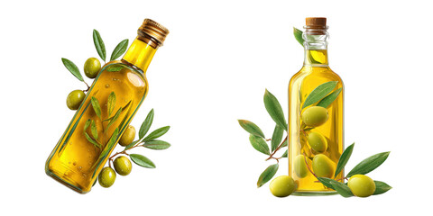 Set of Olive oil bottle with green leaves and olives isolated on a transparent background