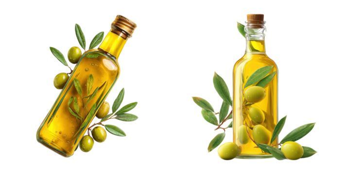 Set of Olive oil bottle with green leaves and olives isolated on a transparent background