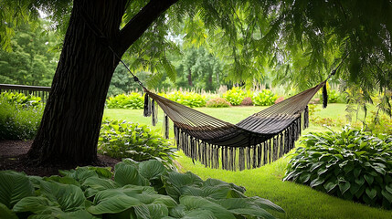 Empty hammock nestled beneath a tree in a lush garden. Lush greenery, vibrant colors, and soft light create a serene scene