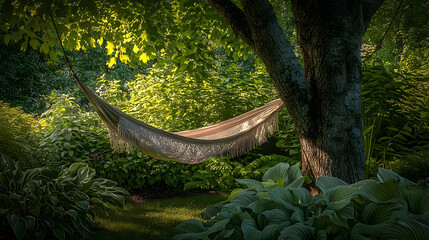 Tranquil garden hammock bathed in sunlight, surrounded by lush foliage