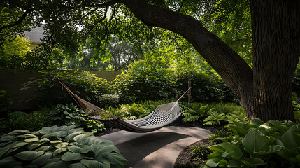 Tranquil backyard hammock beneath a large tree, lush foliage and pathway.  A serene space for relaxation