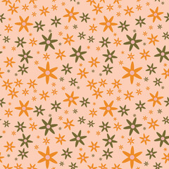Seamless floral pattern with orange and green flowers on beige background.