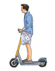 One young townsman with bag riding scooter, realistic hand drawn vector illustration isolated on white background