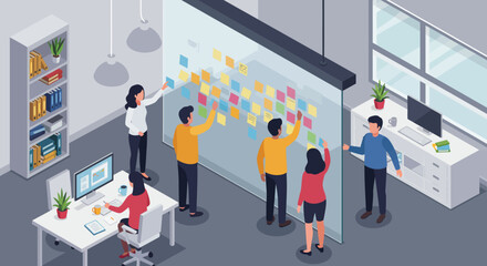 Business team collaboration concept. Colleagues planning a project with sticky notes on a board in a modern office. Isometric illustration.