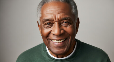 Smiling elderly African American man wearing a green sweater with gray hair and a warm friendly expression isolated on a light gray background conveying positive emotions and life experience