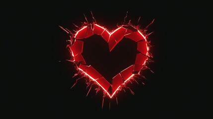 Broken Red Heart Neon Animation – 4K Glowing Icon on Black Background, Unrequited Love and Sadness Concept.