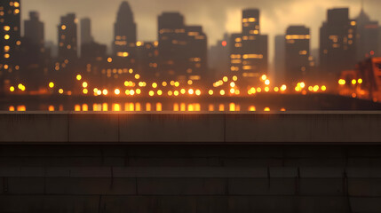 City skyline at dusk behind a wall. Blurry city lights illuminate the background