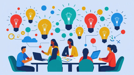 A vibrant animated illustration of a multicultural team collaborating in a modern office setup. Lightbulb icons float around to symbolize innovation and idea generation during a strategic