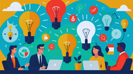 Colorful Flat Vector Animation of a Diverse Team Brainstorming with Lightbulb Icons – Creative Collaboration, Innovation, and Teamwork Concept.
