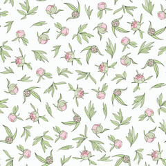 Seamless floral pattern with pink buds and green leaves on white background.