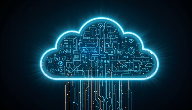 Cloud computing technology concept with glowing blue circuit board lines, digital data storage network icon, futuristic cyber security infrastructure