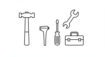 Obraz premium Illustration of a hammer, otoscope, screwdriver, wrench, and toolbox in black outline on white background