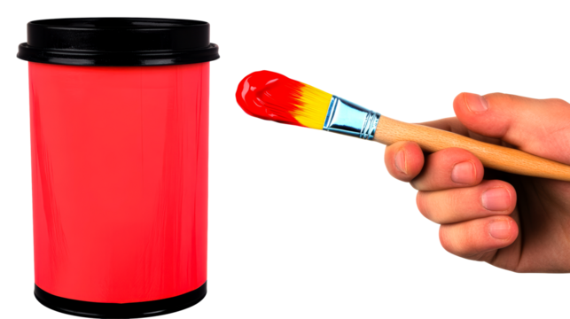 Bright red paint can with brush ready for artistic creation