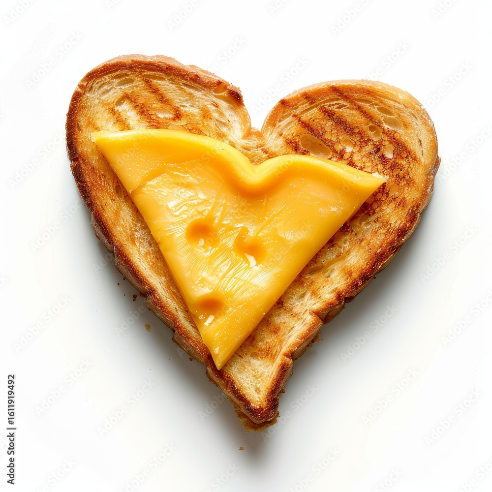 Aufkleber toasted bread in the shape of a heart with a slice of melted cheese on top, creating a simple yet ro