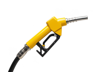 Fuel nozzle with yellow handle and black hose isolated on transparent background