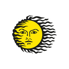 Smiling sun with a human face radiating warmth and joy, perfect for design projects, adding a happy vibe