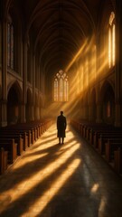 Fototapeta premium Man standing in sunlit church interior sunbeams