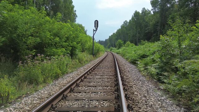 Flying over railroad tracks in the forest