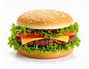 Single cheeseburger with lettuce, tomato, cheese, and sesame bun, isolated on white b 527833