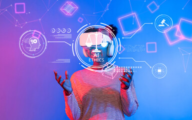 A person wearing virtual reality goggles engages with concepts of ethics, artificial intelligence,...