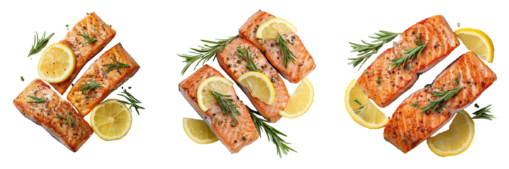 Set of Seared fresh salmon fillets with rosemary and lemon top view isolated on a transparent background