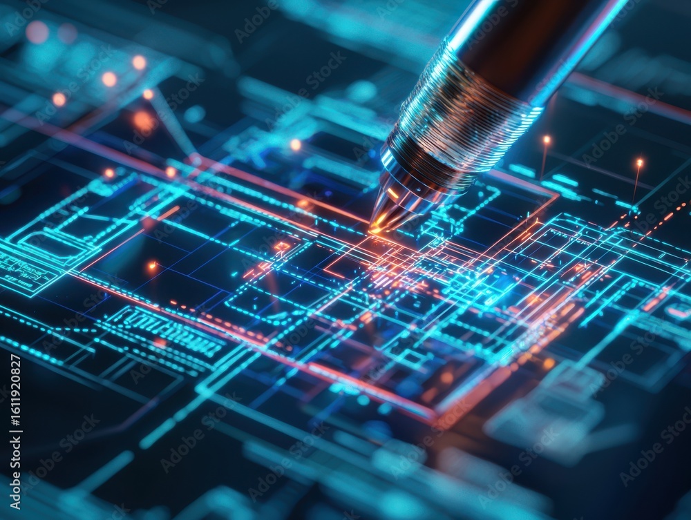 Poster close-up of a pen tracing intricate blue and orange digital circuitry patterns on a dark surface, il