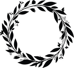 Cad drawing flat vector illustration of floral wreath silhouette, decorative circular botanical artwork with leaves and flowers, black and white design